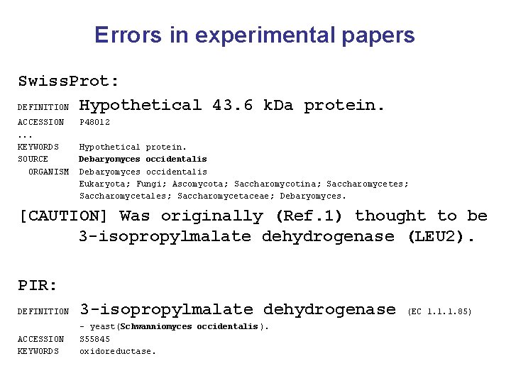 Errors in experimental papers Swiss. Prot: DEFINITION Hypothetical 43. 6 k. Da protein. ACCESSION.