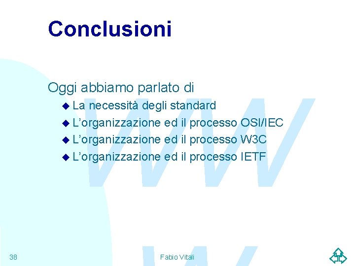 Conclusioni WW Oggi abbiamo parlato di u La necessità degli standard u L’organizzazione ed