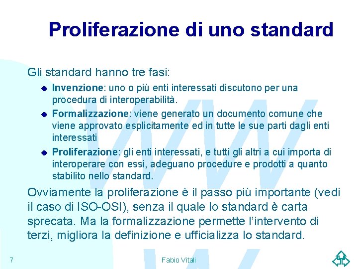 Proliferazione di uno standard Gli standard hanno tre fasi: u u u WW Invenzione: