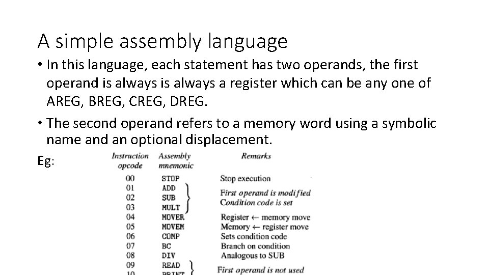 A simple assembly language • In this language, each statement has two operands, the A simple assembly language • In this language, each statement has two operands, the