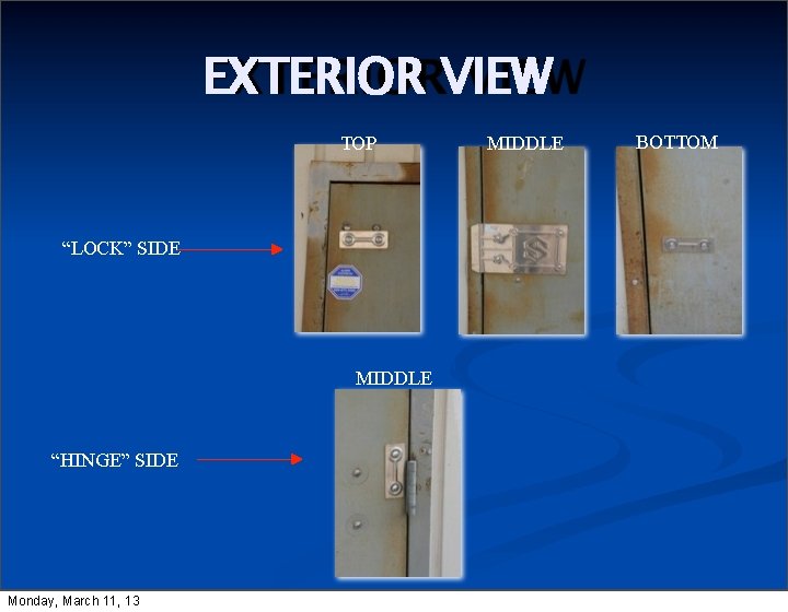 EXTERIOR VIEW TOP “LOCK” SIDE MIDDLE “HINGE” SIDE Monday, March 11, 13 MIDDLE BOTTOM