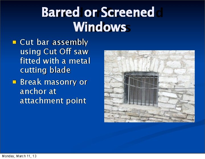 Barred or Screened Windows Cut bar assembly using Cut Off saw fitted with a