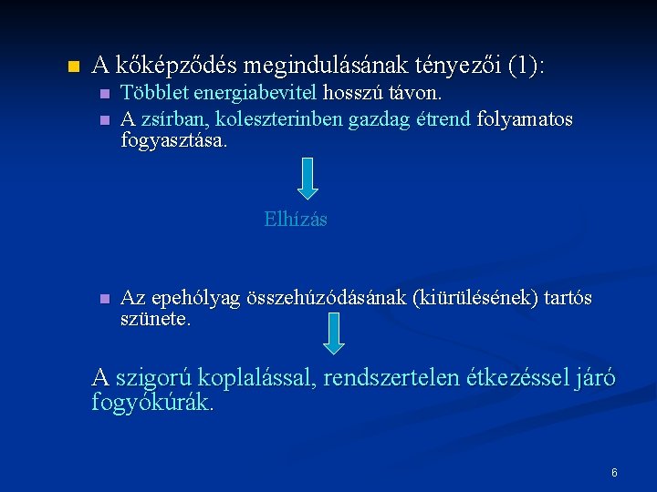 n A kőképződés megindulásának tényezői (1): n n Többlet energiabevitel hosszú távon. A zsírban,