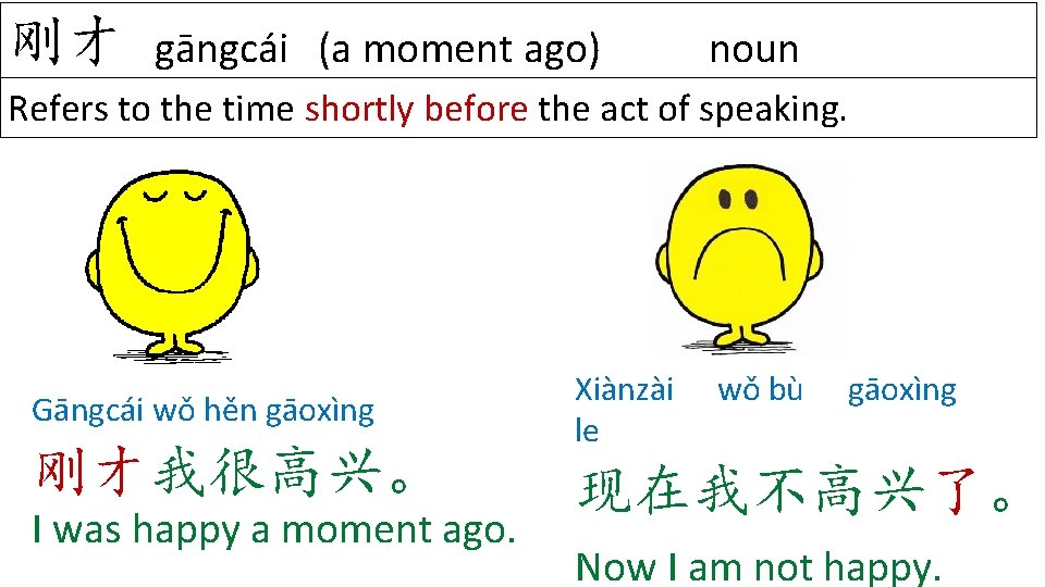 刚才 gāngcái (a moment ago) noun Refers to the time shortly before the act 刚才 gāngcái (a moment ago) noun Refers to the time shortly before the act