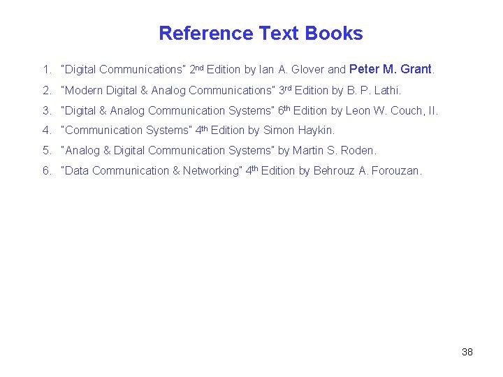 Reference Text Books 1. “Digital Communications” 2 nd Edition by Ian A. Glover and