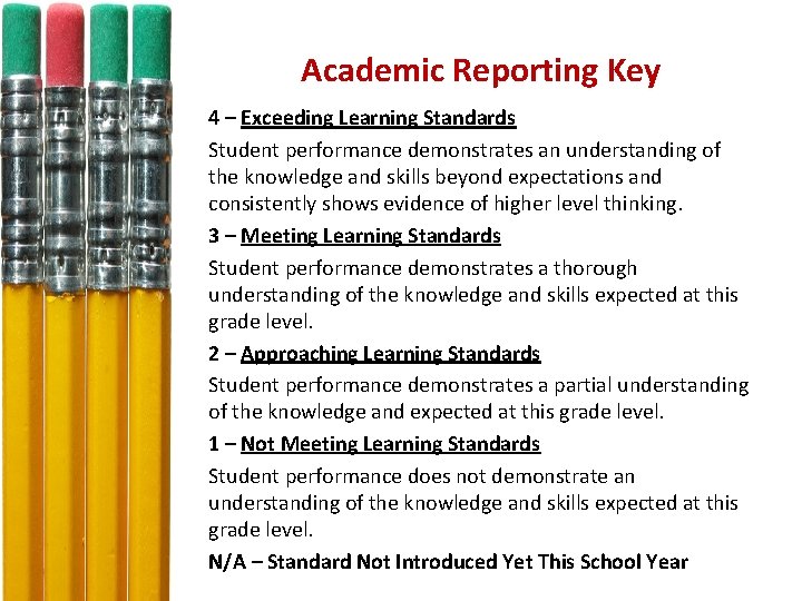 Academic Reporting Key 4 – Exceeding Learning Standards Student performance demonstrates an understanding of