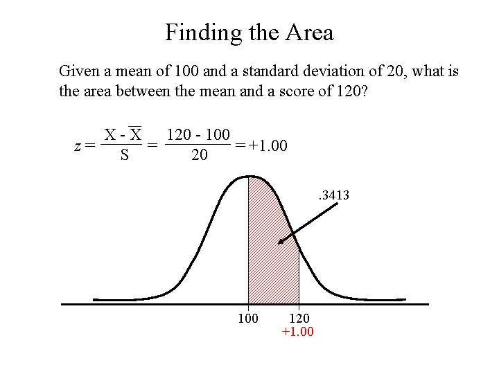 Finding the Area Given a mean of 100 and a standard deviation of 20, Finding the Area Given a mean of 100 and a standard deviation of 20,