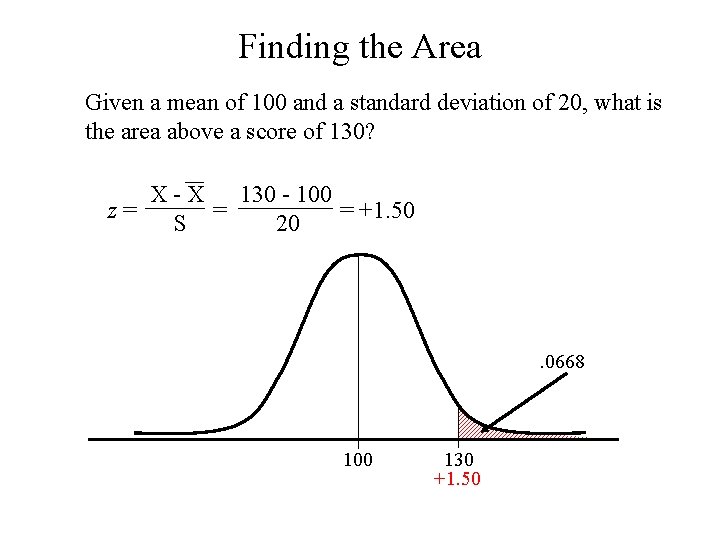 Finding the Area Given a mean of 100 and a standard deviation of 20, Finding the Area Given a mean of 100 and a standard deviation of 20,
