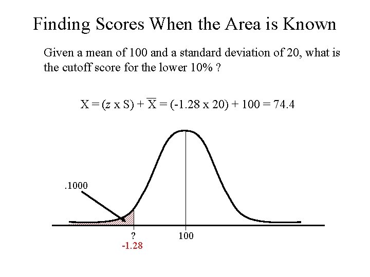 Finding Scores When the Area is Known Given a mean of 100 and a Finding Scores When the Area is Known Given a mean of 100 and a