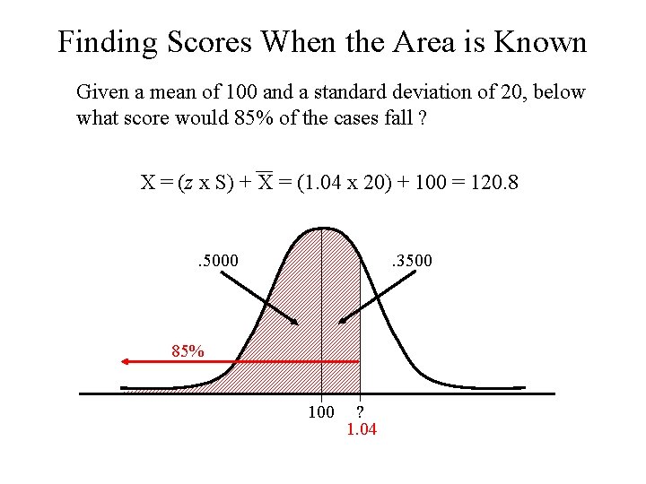 Finding Scores When the Area is Known Given a mean of 100 and a Finding Scores When the Area is Known Given a mean of 100 and a