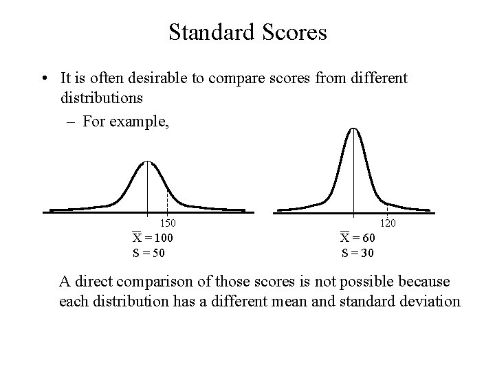 Standard Scores • It is often desirable to compare scores from different distributions – Standard Scores • It is often desirable to compare scores from different distributions –