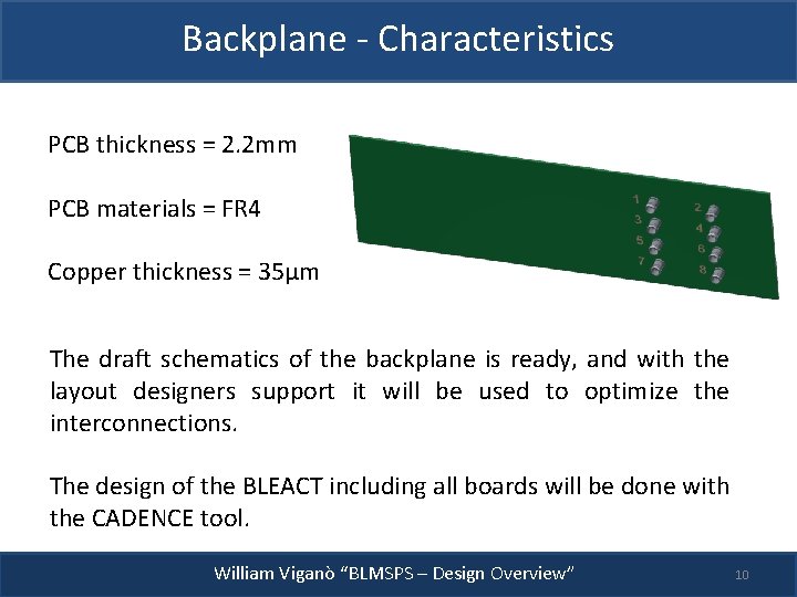 Backplane - Characteristics PCB thickness = 2. 2 mm PCB materials = FR 4