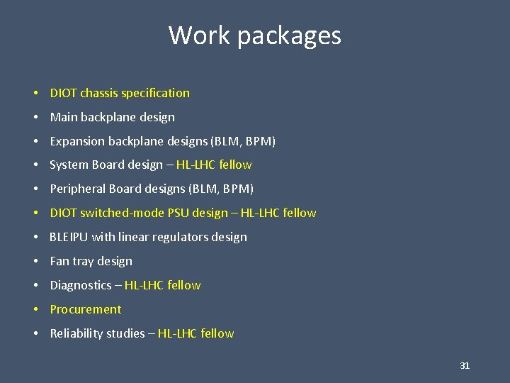 Work packages • DIOT chassis specification • Main backplane design • Expansion backplane designs