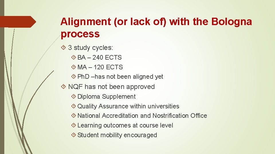 Alignment (or lack of) with the Bologna process 3 study cycles: BA – 240