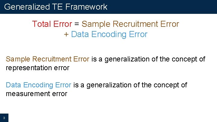 Generalized TE Framework Total Error = Sample Recruitment Error + Data Encoding Error Sample