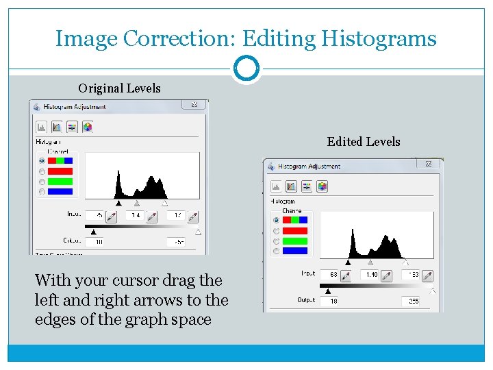 Image Correction: Editing Histograms Original Levels Edited Levels With your cursor drag the left