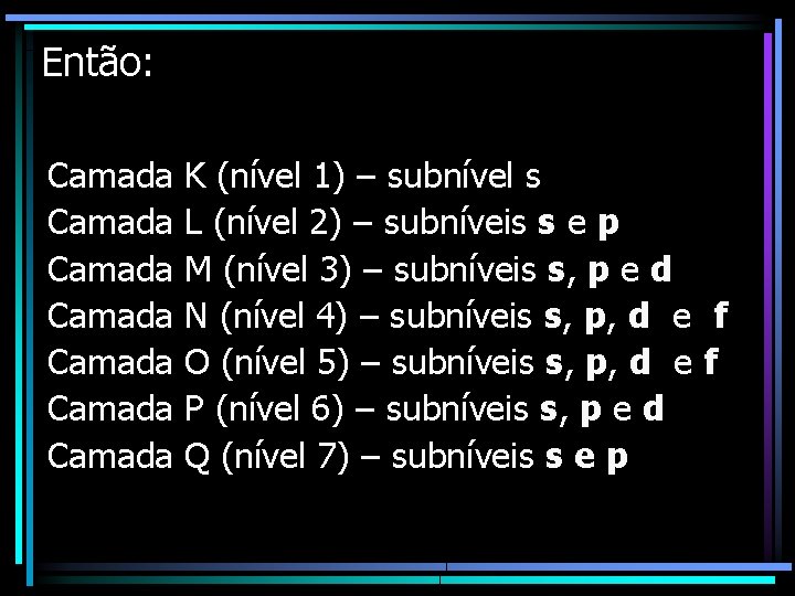 Então: Camada Camada K (nível 1) – subnível s L (nível 2) – subníveis