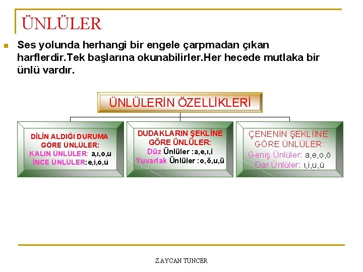 ÜNLÜLER n Ses yolunda herhangi bir engele çarpmadan çıkan harflerdir. Tek başlarına okunabilirler. Her