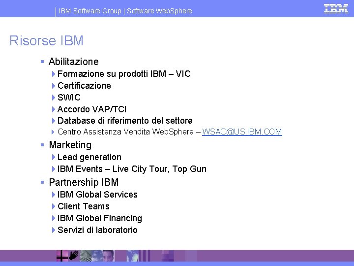IBM Software Group | Software Web. Sphere Risorse IBM § Abilitazione 4 Formazione su