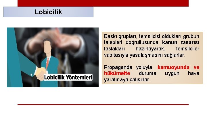 Lobicilik Baskı grupları, temsilcisi oldukları grubun talepleri doğrultusunda kanun tasarısı taslakları hazırlayarak, temsilciler vasıtasıyla