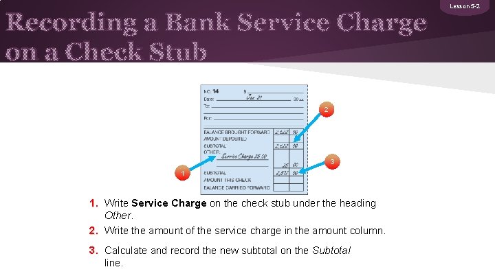 Recording a Bank Service Charge on a Check Stub 2 3 1 1. Write