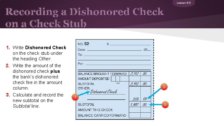 Lesson 5 -3 Recording a Dishonored Check on a Check Stub 1. Write Dishonored
