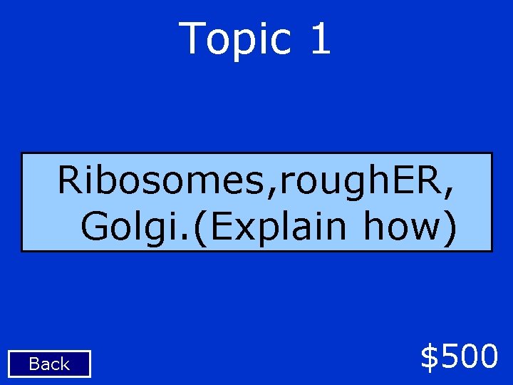 Topic 1 Ribosomes, rough. ER, Golgi. (Explain how) Back $500 