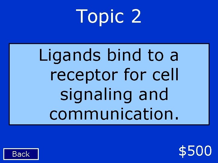 Topic 2 Ligands bind to a receptor for cell signaling and communication. Back $500