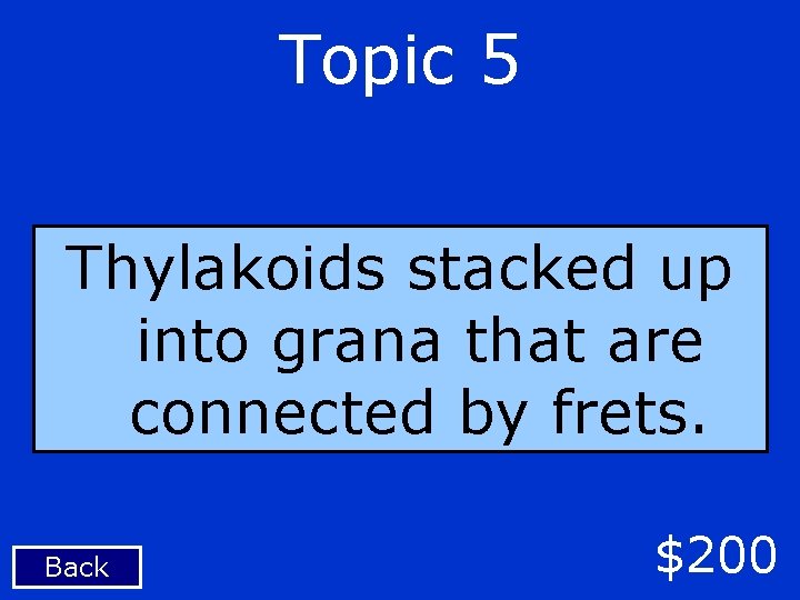 Topic 5 Thylakoids stacked up into grana that are connected by frets. Back $200