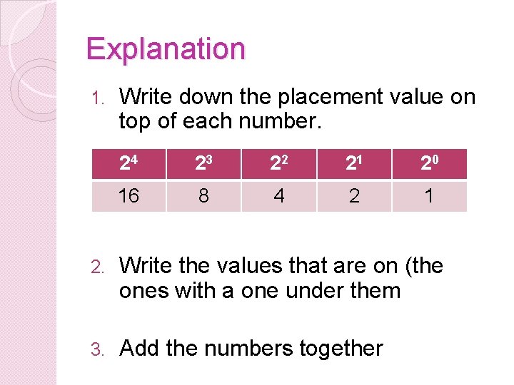 Explanation 1. Write down the placement value on top of each number. 24 23