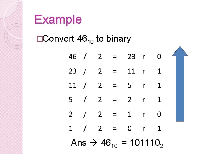 Example �Convert 4610 to binary 46 / 2 = 23 r 0 23 /