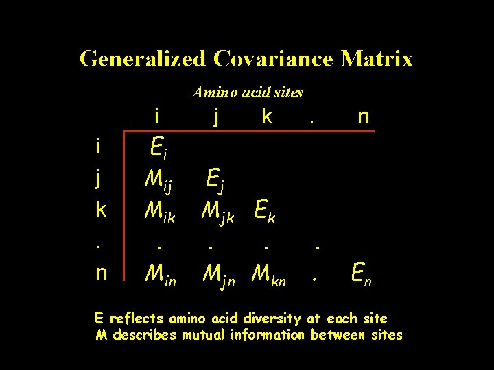 Generalized Covariance Matrix Amino acid sites i j k. n i Ei Mij Mik.