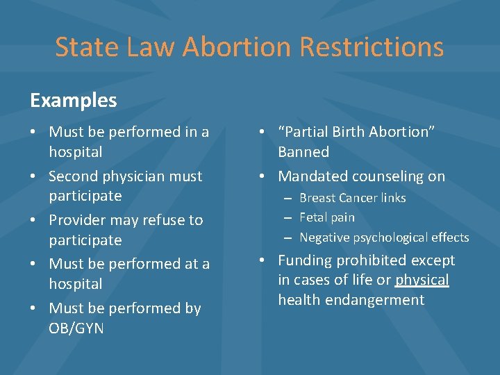 State Law Abortion Restrictions Examples • Must be performed in a hospital • Second