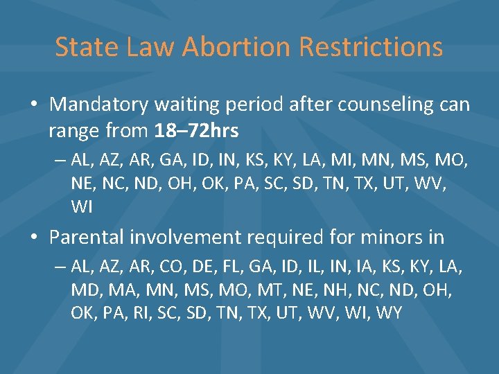 State Law Abortion Restrictions • Mandatory waiting period after counseling can range from 18–