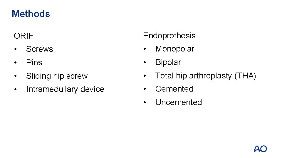 Methods ORIF Endoprothesis • Screws • Monopolar • Pins • Bipolar • Sliding hip