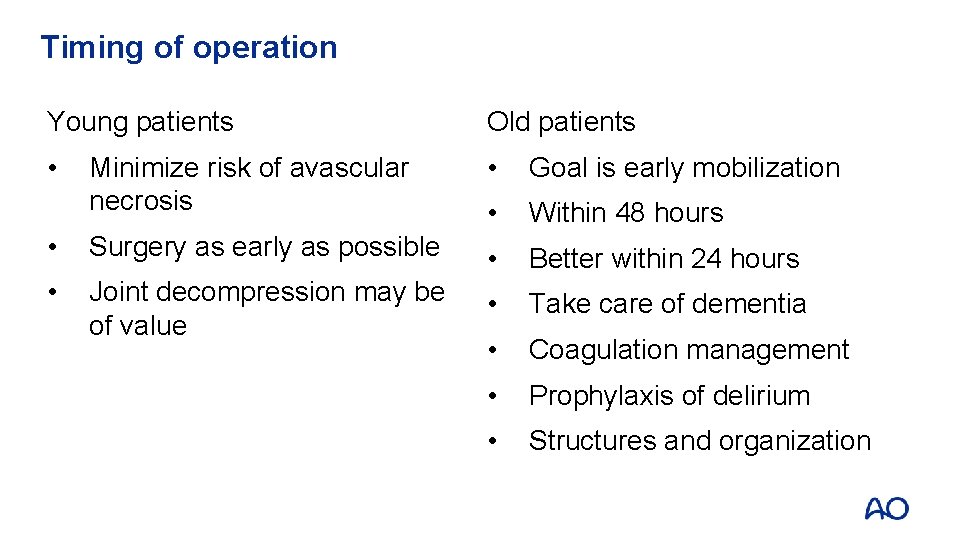 Timing of operation Young patients Old patients • Minimize risk of avascular necrosis •