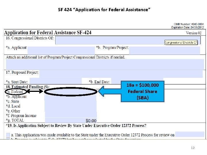 SF 424 “Application for Federal Assistance” 18 a = $100, 000 Federal Share (SBA)