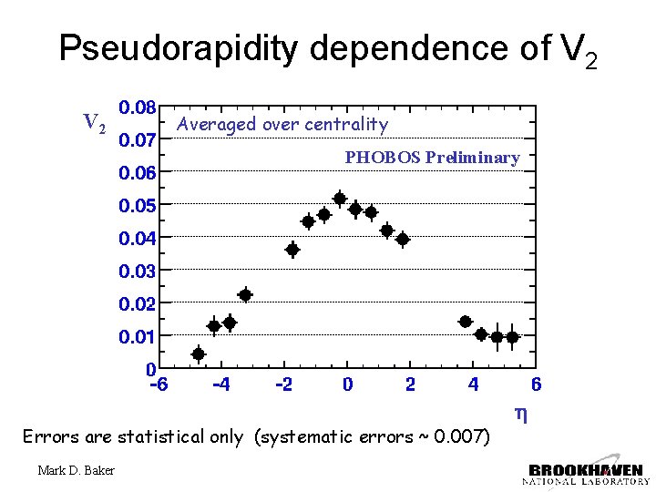 Pseudorapidity dependence of V 2 Averaged over centrality PHOBOS Preliminary Errors are statistical only