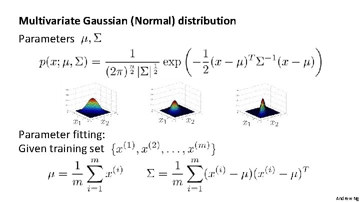 Multivariate Gaussian (Normal) distribution Parameters Parameter fitting: Given training set Andrew Ng 