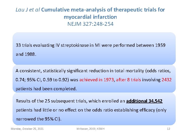 Lau J et al Cumulative meta-analysis of therapeutic trials for myocardial infarction NEJM 327: