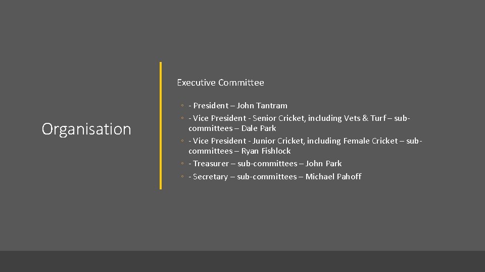 Executive Committee Organisation ◦ - President – John Tantram ◦ - Vice President -