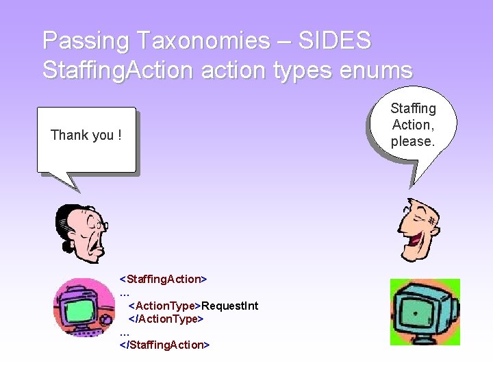 Passing Taxonomies – SIDES Staffing. Action action types enums Thank you ! <Staffing. Action> Passing Taxonomies – SIDES Staffing. Action action types enums Thank you ! <Staffing. Action>