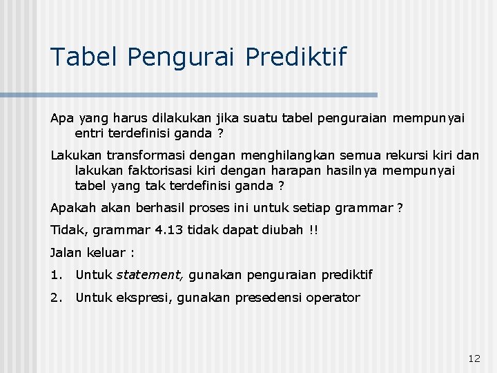 Tabel Pengurai Prediktif Apa yang harus dilakukan jika suatu tabel penguraian mempunyai entri terdefinisi