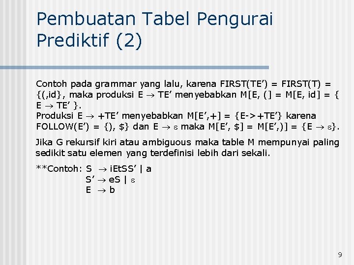 Pembuatan Tabel Pengurai Prediktif (2) Contoh pada grammar yang lalu, karena FIRST(TE’) = FIRST(T)