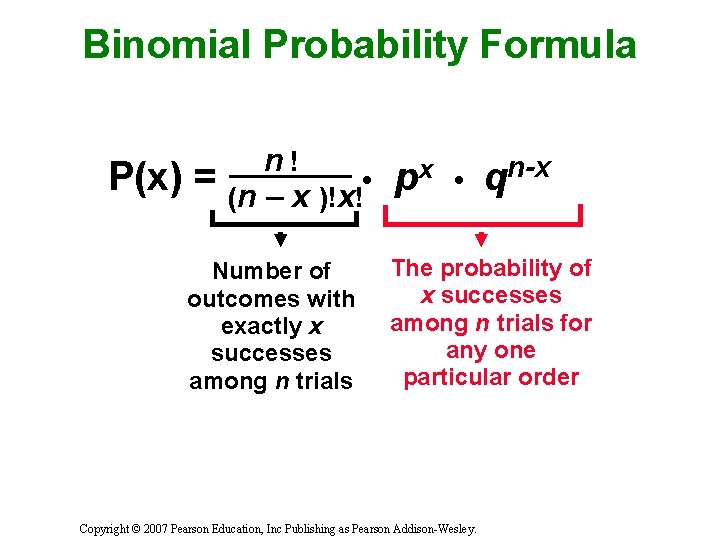 Binomial Probability Formula P(x) = n! • (n – x )!x! Number of outcomes