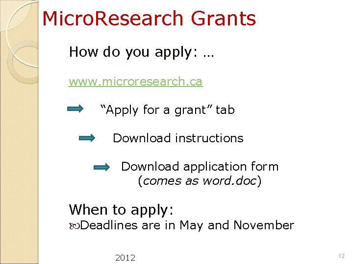 Micro. Research Grants How do you apply: … www. microresearch. ca “Apply for a