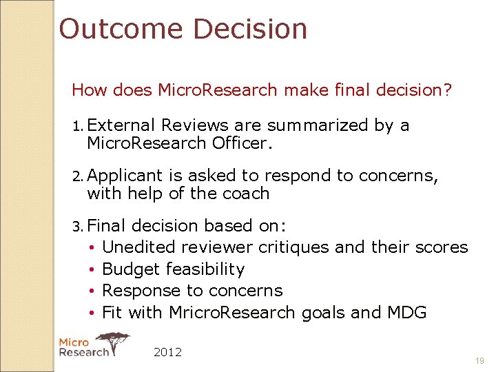 Outcome Decision How does Micro. Research make final decision? 1. External Reviews are summarized
