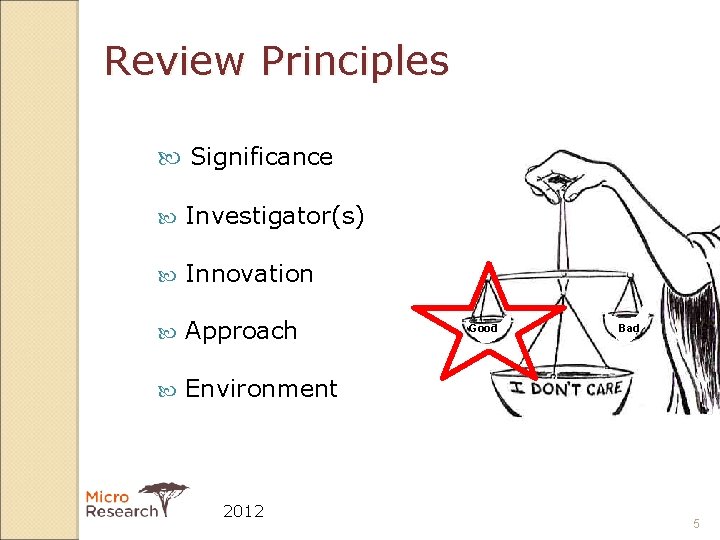 Review Principles Significance Investigator(s) Innovation Approach Environment 2012 Good Bad Weakness es 5 