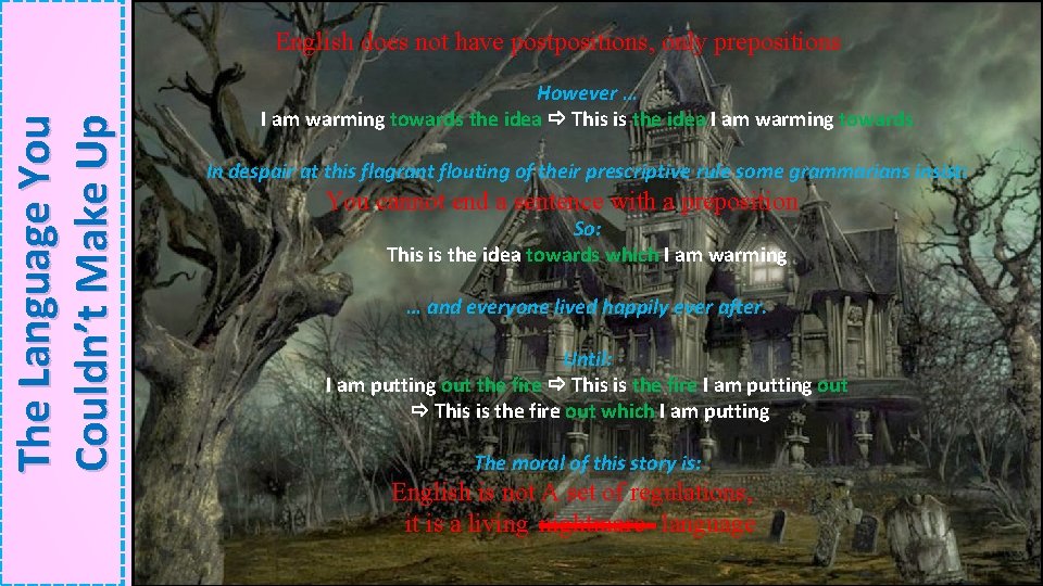 The Language You Couldn’t Make Up English does not have postpositions, only prepositions However