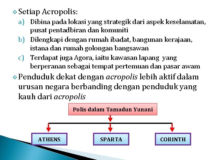 v Setiap Acropolis: a) Dibina pada lokasi yang strategik dari aspek keselamatan, pusat pentadbiran